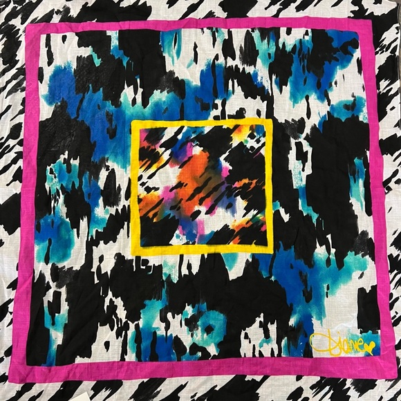 Diane von Furstenberg cotton square scarf techno colored blue NWT - Picture 4 of 8